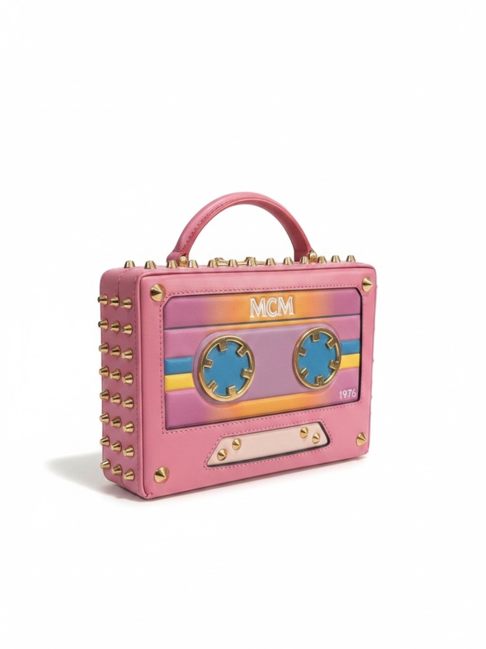 Rare MCM Cassette Tape Studded Pink Leather Crossbody Top Handle Bag